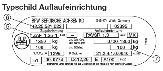 Typenschild für BPW Auflaufeinrichtung